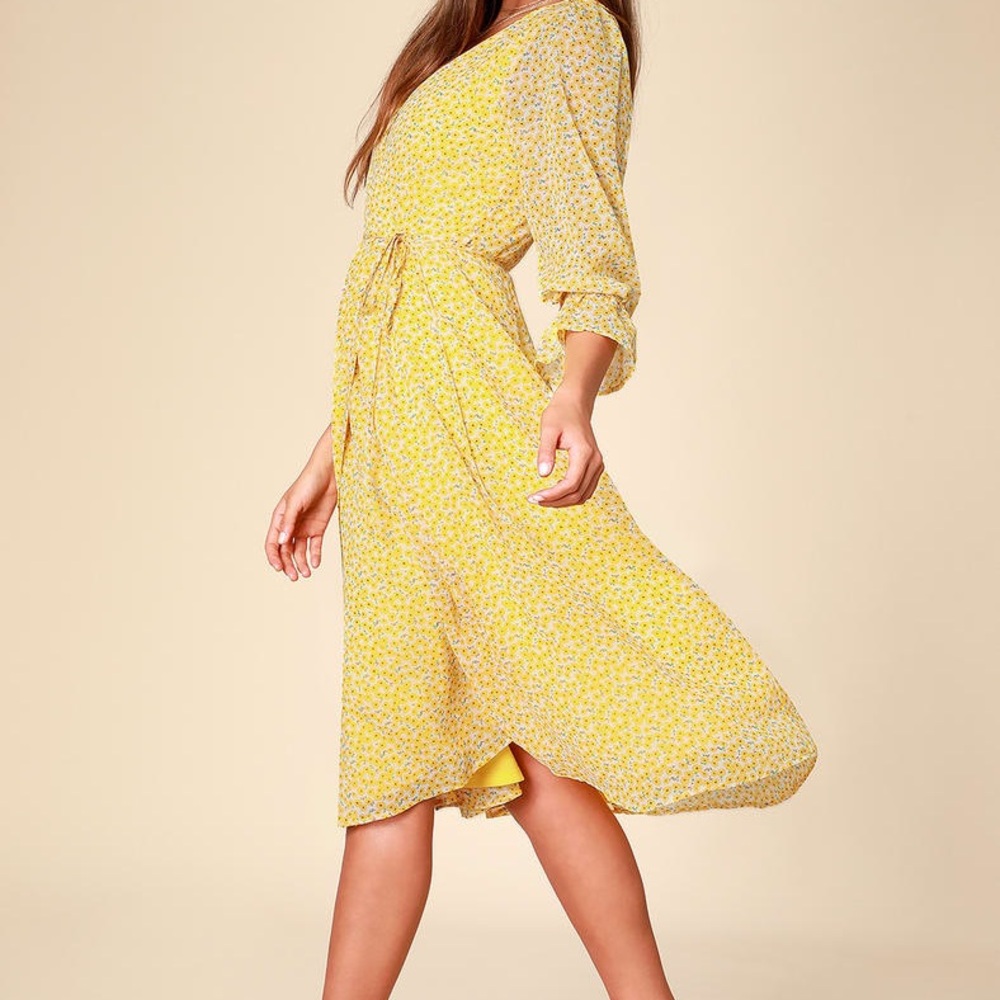 NWT Malva Yellow Floral Print Three-Quarter Sleeve Wrap Midi Dress
